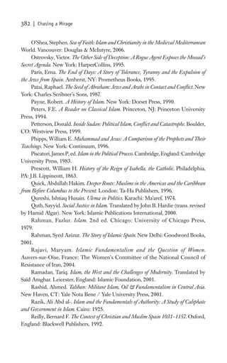 382   | Chasing a Mirage


     O’Shea, Stephen. Sea of Faith: Islam and Christianity in the Medieval Mediterranean
World. Vancouver: Douglas & McIntyre, 2006.
     Ostrovsky, Victor. The Other Side of Deception: A Rogue Agent Exposes the Mossad’s
Secret Agenda. New York: HarperCollins, 1995.
     Paris, Erna. The End of Days: A Story of Tolerance, Tyranny and the Expulsion of
the Jews from Spain. Amherst, NY: Prometheus Books, 1995.
     Patai, Raphael. The Seed of Abraham: Jews and Arabs in Contact and Conﬂict. New
York: Charles Scribner’s Sons, 1987.
     Payne, Robert. A History of Islam. New York: Dorset Press, 1990.
     Peters, F.E. A Reader on Classical Islam. Princeton, NJ: Princeton University
Press, 1994.
     Petterson, Donald. Inside Sudan: Political Islam, Conﬂict and Catastrophe. Boulder,
CO: Westview Press, 1999.
     Phipps, William E. Muhammad and Jesus: A Comparison of the Prophets and Their
Teachings. New York: Continuum, 1996.
     Piscatori, James P, ed. Islam in the Political Process. Cambridge, England: Cambridge
University Press, 1983.
     Prescott, William H. History of the Reign of Isabella, the Catholic. Philadelphia,
PA: J.B. Lippincott, 1863.
     Quick, Abdullah Hakim. Deeper Roots: Muslims in the Americas and the Caribbean
from Before Columbus to the Present. London: Ta-Ha Publishers, 1996.
     Qureshi, Ishtiaq Husain. Ulema in Politics. Karachi: Ma’aref, 1974.
     Qutb, Sayyid. Social Justice in Islam. Translated by John B. Hardie (trans. revised
by Hamid Algar). New York: Islamic Publications International, 2000.
     Rahman, Fazlur. Islam. 2nd ed. Chicago: University of Chicago Press,
1979.
     Rahman, Syed Azizur. The Story of Islamic Spain. New Delhi: Goodword Books,
2001.
     Rajavi, Maryam. Islamic Fundamentalism and the Question of Women.
Auvers-sur-Oise, France: The Women’s Committee of the National Council of
Resistance of Iran, 2004.
     Ramadan, Tariq. Islam, the West and the Challenges of Modernity. Translated by
Saïd Amghar. Leicester, England: Islamic Foundation, 2001.
     Rashid, Ahmed. Taliban: Militant Islam, Oil & Fundamentalism in Central Asia.
New Haven, CT: Yale Nota Bene / Yale University Press, 2001.
     Razik, Ali Abd al-. Islam and the Fundamentals of Authority: A Study of Caliphate
and Government in Islam. Cairo: 1925.
     Reilly, Bernard F. The Contest of Christian and Muslim Spain 1031–1157. Oxford,
England: Blackwell Publishers, 1992.
 