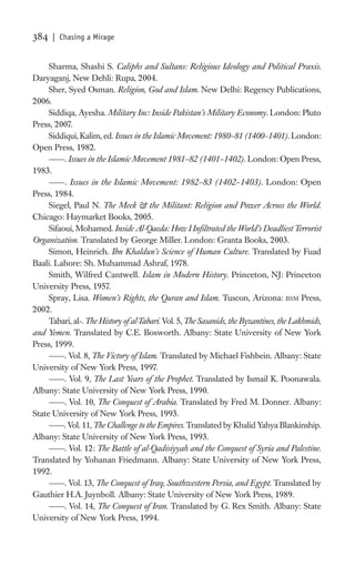 384   | Chasing a Mirage


     Sharma, Shashi S. Caliphs and Sultans: Religious Ideology and Political Praxis.
Daryaganj, New Dehli: Rupa, 2004.
     Sher, Syed Osman. Religion, God and Islam. New Delhi: Regency Publications,
2006.
     Siddiqa, Ayesha. Military Inc: Inside Pakistan’s Military Economy. London: Pluto
Press, 2007.
     Siddiqui, Kalim, ed. Issues in the Islamic Movement: 1980–81 (1400–1401). London:
Open Press, 1982.
          . Issues in the Islamic Movement 1981–82 (1401–1402). London: Open Press,
1983.
          . Issues in the Islamic Movement: 1982–83 (1402–1403). London: Open
Press, 1984.
     Siegel, Paul N. The Meek & the Militant: Religion and Power Across the World.
Chicago: Haymarket Books, 2005.
     Sifaoui, Mohamed. Inside Al-Qaeda: How I Inﬁltrated the World’s Deadliest Terrorist
Organization. Translated by George Miller. London: Granta Books, 2003.
     Simon, Heinrich. Ibn Khaldun’s Science of Human Culture. Translated by Fuad
Baali. Lahore: Sh. Muhammad Ashraf, 1978.
     Smith, Wilfred Cantwell. Islam in Modern History. Princeton, NJ: Princeton
University Press, 1957.
     Spray, Lisa. Women’s Rights, the Quran and Islam. Tuscon, Arizona: BSM Press,
2002.
     Tabari, al-. The History of al-Tabari. Vol. 5, The Sasanids, the Byzantines, the Lakhmids,
and Yemen. Translated by C.E. Bosworth. Albany: State University of New York
Press, 1999.
          . Vol. 8, The Victory of Islam. Translated by Michael Fishbein. Albany: State
University of New York Press, 1997.
          . Vol. 9, The Last Years of the Prophet. Translated by Ismail K. Poonawala.
Albany: State University of New York Press, 1990.
          . Vol. 10, The Conquest of Arabia. Translated by Fred M. Donner. Albany:
State University of New York Press, 1993.
          . Vol. 11, The Challenge to the Empires. Translated by Khalid Yahya Blankinship.
Albany: State University of New York Press, 1993.
          . Vol. 12: The Battle of al-Qadisiyyah and the Conquest of Syria and Palestine.
Translated by Yohanan Friedmann. Albany: State University of New York Press,
1992.
          . Vol. 13, The Conquest of Iraq, Southwestern Persia, and Egypt. Translated by
Gauthier H.A. Juynboll. Albany: State University of New York Press, 1989.
          . Vol. 14, The Conquest of Iran. Translated by G. Rex Smith. Albany: State
University of New York Press, 1994.
 