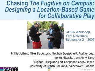 Chasing The Fugitive on Campus:
Designing a Location-Based Game
            for Collaborative Play

                                             CGSA Workshop,
                                             York University,
                                             September 21, 2006



  Phillip Jeffrey, Mike Blackstock, Meghan Deutscher1, Rodger Lea,
                                        Kento Miyaoku1, Anthony Tang
                     1Nippon Telegraph and Telephone Corp., Japan

                   University of British Columbia, Vancouver, Canada
                                                        © 2006 MAGIC
