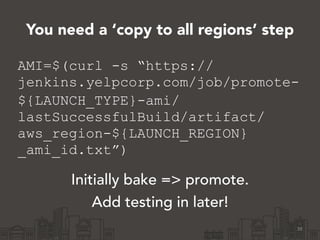 38
AMI=$(curl -s “https://
jenkins.yelpcorp.com/job/promote-
${LAUNCH_TYPE}-ami/
lastSuccessfulBuild/artifact/
aws_region-${LAUNCH_REGION}
_ami_id.txt”)
Initially bake => promote.
Add testing in later!
You need a ‘copy to all regions’ step
 