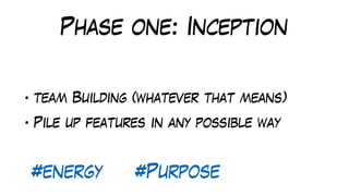 Phase one: Inception
• team Building (whatever that means)
• Pile up features in any possible way
#energy #Purpose #FUN
 