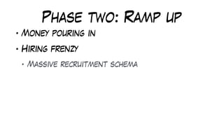 Phase two: Ramp up
• Money pouring in
• Hiring frenzy
• Massive recruitment schema
• Externalise recruiting
 