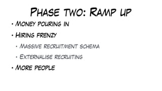 Phase two: Ramp up
• Money pouring in
• Hiring frenzy
• Massive recruitment schema
• Externalise recruiting
• More people
...