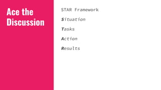 Ace the
Discussion
STAR Framework
Situation
Tasks
Action
Results
 