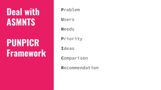 Deal with
ASMNTS
PUNPICR
Framework
Problem
Users
Needs
Priority
Ideas
Comparison
Recommendation
 