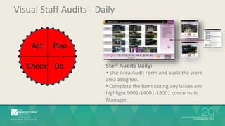 Visual Staff Audits - Daily 
Staff Audits Daily: 
• Use Area Audit Form and audit the work 
area assigned. 
• Complete the form noting any issues and 
highlight 9001-14001-18001 concerns to 
Manager. 
 