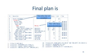 Final	plan	is
------------------------------------------------------------+-----------------------------------+
| Id | Operation | Name | Rows | Bytes | Cost | Time |
------------------------------------------------------------+-----------------------------------+
| 0 | SELECT STATEMENT | | | | 10 | |
| 1 | FILTER | | | | | |
| 2 | NESTED LOOPS | | 2 | 148 | 8 | 00:00:01 |
| 3 | NESTED LOOPS | | 17 | 148 | 8 | 00:00:01 |
| 4 | HASH JOIN | | 17 | 765 | 7 | 00:00:01 |
| 5 | VIEW | VW_SQ_1 | 11 | 286 | 4 | 00:00:01 |
| 6 | HASH GROUP BY | | 11 | 77 | 4 | 00:00:01 |
| 7 | TABLE ACCESS STORAGE FULL | EMPLOYEES | 107 | 749 | 3 | 00:00:01 |
| 8 | TABLE ACCESS STORAGE FULL | EMPLOYEES | 107 | 2033 | 3 | 00:00:01 |
| 9 | INDEX RANGE SCAN | JHIST_EMPLOYEE_IX| 1 | | 0 | |
| 10 | TABLE ACCESS BY INDEX ROWID | JOB_HISTORY | 1 | 29 | 1 | 00:00:01 |
| 11 | NESTED LOOPS | | 1 | 13 | 2 | 00:00:01 |
| 12 | TABLE ACCESS BY INDEX ROWID | DEPARTMENTS | 1 | 7 | 1 | 00:00:01 |
| 13 | INDEX UNIQUE SCAN | DEPT_ID_PK | 1 | | 0 | |
| 14 | TABLE ACCESS BY INDEX ROWID | LOCATIONS | 1 | 6 | 1 | 00:00:01 |
| 15 | INDEX UNIQUE SCAN | LOC_ID_PK | 1 | | 0 | |
------------------------------------------------------------+-----------------------------------+
1 - filter( IS NOT NULL)
4 - access("E1"."DEPARTMENT_ID"="ITEM_1")
4 - filter("E1"."SALARY">"AVG(E2.SALARY)")
9 - access("E1"."EMPLOYEE_ID"="JH"."EMPLOYEE_ID")
36
10 - filter(("JH"."START_DATE">'01-JAN-01' AND "END_DATE">'01-JAN-01'))
13 - access("D"."DEPARTMENT_ID"=:B1)
14 - filter("L"."COUNTRY_ID"='US')
15 - access("D"."LOCATION_ID"="L"."LOCATION_ID")
 