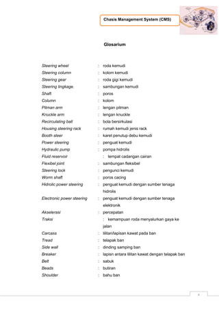Chasis Management System (CMS)
x
Glosarium
Steering wheel : roda kemudi
Steering column : kolom kemudi
Steering gear : roda gigi kemudi
Steering lingkage. : sambungan kemudi
Shaft : poros
Column : kolom
Pitman arm : lengan pitman
Knuckle arm : lengan knuckle
Recirculating ball : bola bersirkulasi
Housing steering rack : rumah kemudi jenis rack
Booth steer : karet penutup debu kemudi
Power steering : penguat kemudi
Hydraulic pump : pompa hidrolis
Fluid reservoir : tempat cadangan cairan
Flexibel joint : sambungan fleksibel
Steering lock : pengunci kemudi
Worm shaft : poros cacing
Hidrolic power steering : penguat kemudi dengan sumber tenaga
hidrolis
Electronic power steering : penguat kemudi dengan sumber tenaga
elektronik
Akselerasi : percepatan
Traksi : kemampuan roda menyalurkan gaya ke
jalan
Carcass : lilitan/lapisan kawat pada ban
Tread : telapak ban
Side wall : dinding samping ban
Breaker : lapisn antara lilitan kawat dengan telapak ban
Belt : sabuk
Beads : butiran
Shoulder : bahu ban
 