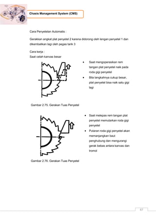 87
Chasis Management System (CMS)
Cara Penyetelan Automatis :
Gerakkan angkat plat penyetel 2 karena didorong oleh lengan penyetel 1 dan
dikembalikan lagi oleh pegas tarik 3
Cara kerja :
Saat celah kanvas besar
Gambar 2.75. Gerakan Tuas Penyetel
 Saat mengoperasikan rem
tangan plat penyetel naik pada
roda gigi penyetel
 Bila langkahnya cukup besar,
plat penyetel bisa naik satu gigi
lagi
Gambar 2.76. Gerakan Tuas Penyetel
 Saat melepas rem tangan plat
penyetel memutarkan roda gigi
penyetel
 Putaran roda gigi penyetel akan
memanjangkan baut
penghubung dan mengurangi
gerak bebas antara kanvas dan
tromol
 