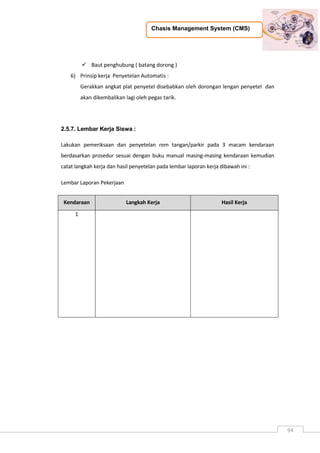 Chasis Management System (CMS)
94
 Baut penghubung ( batang dorong )
6) Prinsip kerja Penyetelan Automatis :
Gerakkan angkat plat penyetel disebabkan oleh dorongan lengan penyetel dan
akan dikembalikan lagi oleh pegas tarik.
2.5.7. Lembar Kerja Siswa :
Lakukan pemeriksaan dan penyetelan rem tangan/parkir pada 3 macam kendaraan
berdasarkan prosedur sesuai dengan buku manual masing-masing kendaraan kemudian
catat langkah kerja dan hasil penyetelan pada lembar laporan kerja dibawah ini :
Lembar Laporan Pekerjaan
Kendaraan Langkah Kerja Hasil Kerja
1
 