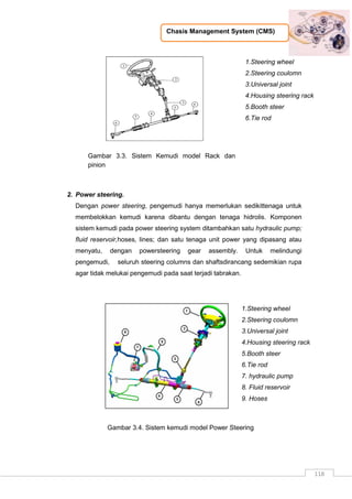 Chasis Management System (CMS)
118
Gambar 3.3. Sistem Kemudi model Rack dan
pinion
2. Power steering.
Dengan power steering, pengemudi hanya memerlukan sedikittenaga untuk
membelokkan kemudi karena dibantu dengan tenaga hidrolis. Komponen
sistem kemudi pada power steering system ditambahkan satu hydraulic pump;
fluid reservoir,hoses, lines; dan satu tenaga unit power yang dipasang atau
menyatu, dengan powersteering gear assembly. Untuk melindungi
pengemudi, seluruh steering columns dan shaftsdirancang sedemikian rupa
agar tidak melukai pengemudi pada saat terjadi tabrakan.
Gambar 3.4. Sistem kemudi model Power Steering
1.Steering wheel
2.Steering coulomn
3.Universal joint
4.Housing steering rack
5.Booth steer
6.Tie rod
1.Steering wheel
2.Steering coulomn
3.Universal joint
4.Housing steering rack
5.Booth steer
6.Tie rod
7. hydraulic pump
8. Fluid reservoir
9. Hoses
 