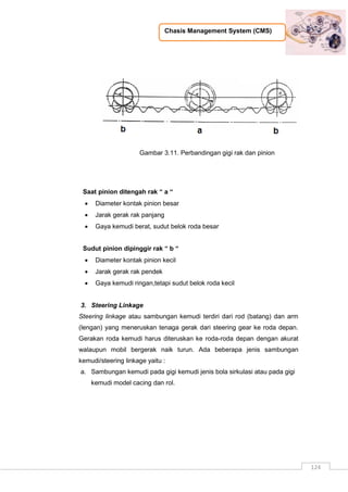 Chasis Management System (CMS)
124
Gambar 3.11. Perbandingan gigi rak dan pinion
Saat pinion ditengah rak “ a “
 Diameter kontak pinion besar
 Jarak gerak rak panjang
 Gaya kemudi berat, sudut belok roda besar
Sudut pinion dipinggir rak “ b “
 Diameter kontak pinion kecil
 Jarak gerak rak pendek
 Gaya kemudi ringan,tetapi sudut belok roda kecil
3. Steering Linkage
Steering linkage atau sambungan kemudi terdiri dari rod (batang) dan arm
(lengan) yang meneruskan tenaga gerak dari steering gear ke roda depan.
Gerakan roda kemudi harus diteruskan ke roda-roda depan dengan akurat
walaupun mobil bergerak naik turun. Ada beberapa jenis sambungan
kemudi/steering linkage yaitu :
a. Sambungan kemudi pada gigi kemudi jenis bola sirkulasi atau pada gigi
kemudi model cacing dan rol.
 