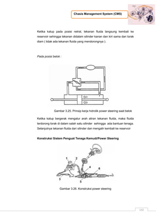 Chasis Management System (CMS)
132
Ketika katup pada posisi netral, tekanan fluida langsung kembali ke
reservoir sehingga tekanan didalam silinder kanan dan kiri sama dan torak
diam ( tidak ada tekanan fluida yang mendorongnya ).
Pada posisi belok :
Gambar 3.25. Prinsip kerja hidrolik power steering saat belok
Ketika katup bergerak mengatur arah aliran tekanan fluida, maka fluida
terdorong torak di dalam salah satu silinder sehingga ada bantuan tenaga.
Selanjutnya tekanan fluida dari silinder dan mengalir kembali ke reservoir
Konstruksi Sistem Penguat Tenaga Kemudi/Power Steering
Gambar 3.26. Konstruksi power steering
 
