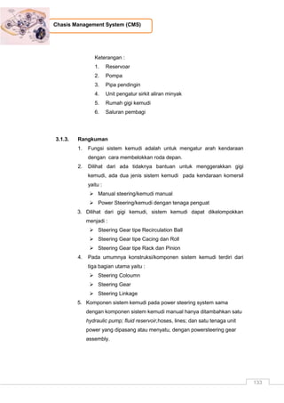 133
Chasis Management System (CMS)
Keterangan :
1. Reservoar
2. Pompa
3. Pipa pendingin
4. Unit pengatur sirkit aliran minyak
5. Rumah gigi kemudi
6. Saluran pembagi
3.1.3. Rangkuman
1. Fungsi sistem kemudi adalah untuk mengatur arah kendaraan
dengan cara membelokkan roda depan.
2. Dilihat dari ada tidaknya bantuan untuk menggerakkan gigi
kemudi, ada dua jenis sistem kemudi pada kendaraan komersil
yaitu :
 Manual steering/kemudi manual
 Power Steering/kemudi dengan tenaga penguat
3. Dilihat dari gigi kemudi, sistem kemudi dapat dikelompokkan
menjadi :
 Steering Gear tipe Recirculation Ball
 Steering Gear tipe Cacing dan Roll
 Steering Gear tipe Rack dan Pinion
4. Pada umumnya konstruksi/komponen sistem kemudi terdiri dari
tiga bagian utama yaitu :
 Steering Coloumn
 Steering Gear
 Steering Linkage
5. Komponen sistem kemudi pada power steering system sama
dengan komponen sistem kemudi manual hanya ditambahkan satu
hydraulic pump; fluid reservoir,hoses, lines; dan satu tenaga unit
power yang dipasang atau menyatu, dengan powersteering gear
assembly.
 