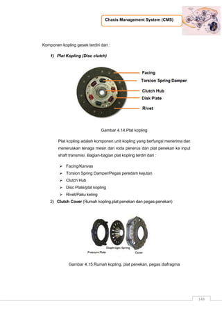 Chasis Management System (CMS)
148
Komponen kopling gesek terdiri dari :
1) Plat Kopling (Disc clutch)
Gambar 4.14.Plat kopling
Plat kopling adalah komponen unit kopling yang berfungsi menerima dan
meneruskan tenaga mesin dari roda penerus dan plat penekan ke input
shaft transmisi. Bagian-bagian plat kopling terdiri dari :
 Facing/Kanvas
 Torsion Spring Damper/Pegas peredam kejutan
 Clutch Hub
 Disc Plate/plat kopling
 Rivet/Paku keling
2) Clutch Cover (Rumah kopling,plat penekan dan pegas penekan)
Gambar 4.15.Rumah kopling, plat penekan, pegas diafragma
 