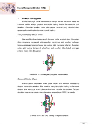 149
Chasis Management System (CMS)
D. Cara kerja kopling gesek
Kopling berfungsi untuk memindahkan tenaga secara halus dari mesin ke
transmisi melalui adanya gesekan antara plat kopling dengan fly wheel dan plat
penekan. Kekuatan gesekan diatur oleh pegas penekan yang dikontrol oleh
pengemudi melalui mekanisme penggerak kopling.
Saat pedal kopling ditekan penuh
Jika pedal kopling ditekan penuh, tekanan pedal tersebut akan diteruskan
oleh mekanisme penggerak sehingga akan mendorong plat penekan melawan
tekanan pegas penekan sehingga plat kopling tidak mendapat tekanan. Gesekan
antara plat kopling dengan fly wheel dan plat penekan tidak terjadi sehingga
putaran mesin tidak diteruskan.
Gambar 4.16.Cara kerja kopling saat pedal ditekan
Saat pedal kopling dilepas
Apabila pedal dilepaskan maka gaya pegas akan kembali mendorong
dengan penuh plat penekan. Plat penekan menghimpit plat kopling ke fly wheel
dengan kuat sehingga terjadi gesekan kuat dan berputar bersamaan. Dengan
demikian putaran dan daya mesin diteruskan sepenuhnya (100%) tanpa slip.
Gambar 4.17.Cara kerja kopling saat pedal dilepas
 