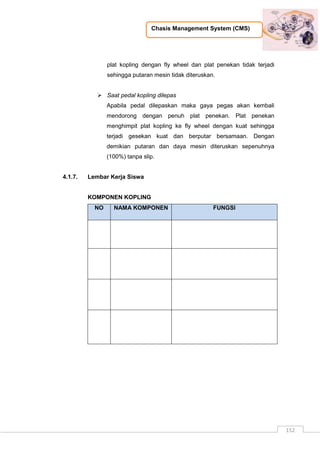 Chasis Management System (CMS)
152
plat kopling dengan fly wheel dan plat penekan tidak terjadi
sehingga putaran mesin tidak diteruskan.
 Saat pedal kopling dilepas
Apabila pedal dilepaskan maka gaya pegas akan kembali
mendorong dengan penuh plat penekan. Plat penekan
menghimpit plat kopling ke fly wheel dengan kuat sehingga
terjadi gesekan kuat dan berputar bersamaan. Dengan
demikian putaran dan daya mesin diteruskan sepenuhnya
(100%) tanpa slip.
4.1.7. Lembar Kerja Siswa
KOMPONEN KOPLING
NO NAMA KOMPONEN FUNGSI
 