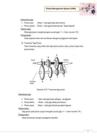 Chasis Management System (CMS)
162
Kedudukan gigi
 Poros input : Roda – roda gigi tetap (permanen)
 Poros output : Roda – roda gigi terhubung dan dapat digeser
Sistem kerja
Roda gigi geser menghubungkan posisi gigi ( 1 – 3 dan mundur / R )
Penggunaan :
Pada sepeda motor dan kendaraan dengan penggerak roda depan.
2) Transmisi Tiga Poros
Yaitu transmisi yang terdiri dari tiga poros (poros input, poros output dan
poros bantu)
Gambar 4.27. Transmisi tiga poros
Kedudukan gigi
 Poros input : Satu roda gigi tetap sebagai penggerak
 Poros Bantu : Roda – roda gigi (tetap permanen)
 Poros ouput : Roda – roda gigi terhubung dapat digeser
Sistem kerja :
Gigi geser pada poros output mengatur posisi gigi ( 1 – 3 dan mundur / R )
Penggunaan:
Pada kendaraan dengan penggerak standart
 