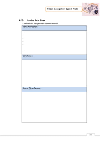 Chasis Management System (CMS)
168
4.2.7. Lembar Kerja Siswa
Lembar hasil pengamatan sistem transmisi
Nama Komponen :
-
-
-
-
-
-
-
Cara Kerja :
Skema Aliran Tenaga :
 