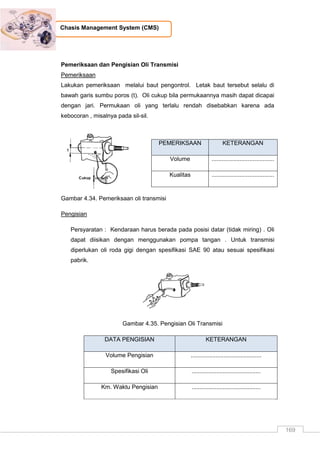 169
Chasis Management System (CMS)
Pemeriksaan dan Pengisian Oli Transmisi
Pemeriksaan
Lakukan pemeriksaan melalui baut pengontrol. Letak baut tersebut selalu di
bawah garis sumbu poros (t). Oli cukup bila permukaannya masih dapat dicapai
dengan jari. Permukaan oli yang terlalu rendah disebabkan karena ada
kebocoran , misalnya pada sil-sil.
Gambar 4.34. Pemeriksaan oli transmisi
Pengisian
Persyaratan : Kendaraan harus berada pada posisi datar (tidak miring) . Oli
dapat diisikan dengan menggunakan pompa tangan . Untuk transmisi
diperlukan oli roda gigi dengan spesifikasi SAE 90 atau sesuai spesifikasi
pabrik.
Gambar 4.35. Pengisian Oli Transmisi
DATA PENGISIAN KETERANGAN
Volume Pengisian ...........................................
Spesifikasi Oli ..........................................
Km. Waktu Pengisian ..........................................
PEMERIKSAAN KETERANGAN
Volume ......................................
Kualitas ......................................
 