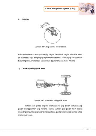 Chasis Management System (CMS)
188
b. Gleason
Gambar 4.61. Gigi korona tipe Gleason
Pada jenis Gleason tebal puncak gigi bagian dalam dan bagian luar tidak sama
(ab). Disebut juga dengan gigi lingkar karena bentuk – bentuk gigi sebagian dari
busur lingkaran. Pemakaian kebanyakan digunakan pada mobil Amerika
3) Cara Kerja Penggerak Aksel
Gambar 4.62. Cara kerja penggerak aksel
Putaran dari poros propeler diteruskan ke gigi pinion kemudian gigi
pinion menggerakkan gigi korona. Karena jumlah gigi pinion lebih sedikit
dibandingkan jumlah gigi korona maka putaran gigi korona menjadi lambat tetapi
momennya besar.
 
