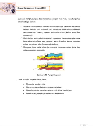 201
Chasis Management System (CMS)
Suspensi menghubungkan bodi kendaraan dengan roda-roda, yang fungsinya
adalah sebagai berikut :
 Suspensi bersama-sama dengan ban menyerap dan meredam bermacam
getaran, kejutan, dan turun-naik dari permukaan jalan untuk melindungi
penumpang dan bawang bawaan serta untuk meningkatkan kestabilan
mengemudi.
 Menyalurkan gaya maju (percepatan), mengerem (perlambatan)dan gaya
kesamping (sentrifugal saat manuver) yang dihasilkan karena gesekan
antara permukaan jalan dengan roda ke body.
 Menopang body pada axles dan menjaga hubungan antara body dan
roda-dora secara geometris.
Gambar 5.16. Fungsi Suspensi
Untuk itu maka suspensi harus dapat :
 Mengantar gerakan roda
 Memungkinkan roda tetap menapak pada jalan
 Mengabsorsi dan meredam getaran bodi akibat kondisi jalan
 Meneruskan gaya pengemudian dan pengereman
 