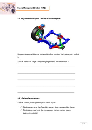 209
Chasis Management System (CMS)
5.2. Kegiatan Pembelajaran : Macam-macam Suspensi
Dengan mengamati Gambar diatas diskusikan jawaban dari pertanyaan berikut
ini :
Apakah nama dan fungsi komponen yang berarna biru dan merah ?
_____________________________________________________________
_____________________________________________________________
_____________________________________________________________
_____________________________________________________________
____________________________________________________________
5.2.1. Tujuan Pembelajaran :
Setelah selesai proses pembelajaran siswa dapat :
 Menjelaskan nama dan fungsi komponen sistem suspensi kendaraan
 Menjelaskan cara kerja dan penggunaan macam-macam sistem
suspensikendaraan
 