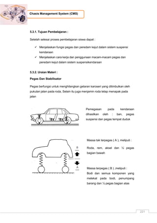 221
Chasis Management System (CMS)
5.3.1. Tujuan Pembelajaran :
Setelah selesai proses pembelajaran siswa dapat :
 Menjelaskan fungsi pegas dan peredam kejut dalam sistem suspensi
kendaraan
 Menjelaskan cara kerja dan penggunaan macam-macam pegas dan
peredam kejut dalam sistem suspensikendaraan
5.3.2. Uraian Materi :
Pegas Dan Stabilisator
Pegas berfungsi untuk menghilangkan getaran karoseri yang ditimbulkan oleh
pukulan jalan pada roda, Selain itu juga menjamin roda tetap menapak pada
jalan
Pemegasan pada kendaraan
dihasilkan oleh : ban, pegas
suspensi dan pegas tempat duduk
Massa tak terpegas ( A ), meliputi :
Roda, rem, aksel dan ½ pegas
bagian bawah
Massa terpegas ( B ) ,meliputi :
Bodi dan semua komponen yang
melekat pada bodi, penumpang
barang dan ½ pegas bagian atas
 