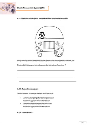 245
Chasis Management System (CMS)
6.2. KegiatanPembelajaran :PengertiandanFungsiGeometriRoda
DenganmengamatiGambardiatasdiskusikanjawabandaripertanyaanberikutini :
Padarodakirisikapgeometrirodaapadanberipenjelasanfungsinya ?
_____________________________________________________________
_____________________________________________________________
_____________________________________________________________
_____________________________________________________________
6.2.1. TujuanPembelajaran :
Setelahselesai proses pembelajaransiswa dapat :
 Menerangkanpengertiandanfungsimacam-
macamsikapgeometrirodakendaraan
 Menjelaskanbesaranpenyetelanmacam-
macamsikapgeometrirodakendaraan
6.2.2. UraianMateri :
 