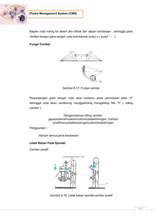 247
Chasis Management System (CMS)
Bagian roda miring ke dalam jika dilihat dari depan kendaraan , sehingga garis
vertikal dengan garis tengah roda membentuk sudut  ( sudut “ - “ )
Fungsi Camber
Gambar 6.17. Fungsi camber
Perpanjangan garis tengah roda akan bertemu pada permukaan jalan “0”
sehingga roda akan cenderung menggelinding mengelilingi titik “0” ( rolling
camber )
Denganadanya rolling camber,
gayauntukmemutarkemudimenjadilebihringan. Camber
positifmenyebabkanpengemudianmenjadiringan
Penggunaan :
Hampir semua jenis kendaraan
Letak Beban Pada Spindel
Camber positif
Gambar 6.18. Letak beban spindel camber positif
 