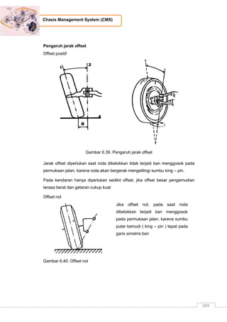 265
Chasis Management System (CMS)
Pengaruh jarak offset
Offset positif
Gambar 6.39. Pengaruh jarak offset
Jarak offset diperlukan saat roda dibelokkan tidak terjadi ban menggosok pada
permukaan jalan, karena roda akan bergerak mengelilingi sumbu king – pin.
Pada kendaran hanya diperlukan sedikit offset, jika offset besar pengemudian
terasa berat dan getaran cukup kuat
Offset nol
Jika offset nol, pada saat roda
dibelokkan terjadi ban menggosok
pada permukaan jalan, karena sumbu
putar kemudi ( king – pin ) tepat pada
garis simetris ban
Gambar 6.40. Offset nol
 