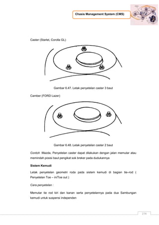 Chasis Management System (CMS)
274
Caster (Starlet, Corolla GL)
Gambar 6.47. Letak penyetelan caster 3 baut
Camber (FORD Lazer)
Gambar 6.48. Letak penyetelan caster 2 baut
Contoh :Mazda, Penyetelan caster dapat dilakukan dengan jalan memutar atau
memindah posisi baut pengikat sok breker pada dudukannya
Sistem Kemudi
Letak penyetelan geometri roda pada sistem kemudi di bagian tie–rod (
Penyetelan Toe – in/Toe out )
Cara penyetelan :
Memutar tie rod kiri dan kanan serta penyetelannya pada dua Sambungan
kemudi untuk suspensi independen
 