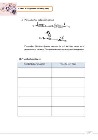 279
Chasis Management System (CMS)
5) Penyetelan Toe pada sistem kemudi
Penyetelan dilakukan dengan memutar tie rod kiri dan kanan serta
penyetelannya pada dua Sambungan kemudi untuk suspensi independen
6.3.7. LembarKerjaSiswa :
Gambar Letak Penyetelan Prosedur penyetelan
 