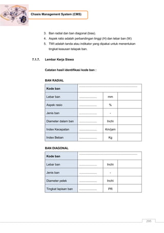 295
Chasis Management System (CMS)
3. Ban radial dan ban diagonal (bias).
4. Aspek ratio adalah perbandingan tinggi (H) dan lebar ban (W)
5. TWI adalah tanda atau indikator yang dipakai untuk menentukan
tingkat keausan telapak ban.
7.1.7. Lembar Kerja Siswa
Catatan hasil identifikasi kode ban :
BAN RADIAL
Kode ban
.....................................................................
Lebar ban ..................... mm
Aspek rasio ..................... %
Jenis ban ..................... -
Diameter dalam ban ..................... Inchi
Index Kecepatan ..................... Km/jam
Index Beban ..................... Kg
BAN DIAGONAL
Kode ban
.....................................................................
Lebar ban ..................... Inchi
Jenis ban ..................... -
Diameter pelek ..................... Inchi
Tingkat lapisan ban ..................... PR
 