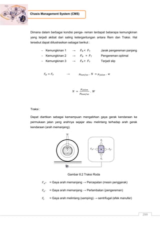 299
Chasis Management System (CMS)
Dimana dalam berbagai kondisi penge- reman terdapat beberapa kemungkinan
yang terjadi akibat dari saling ketergantungan antara Rem dan Traksi. Hal
tersebut dapat diilustrasikan sebagai berikut :
 Kemungkinan 1 → FR < FT Jarak pengereman panjang
 Kemungkinan 2 → FR = FT Pengereman optimal
 Kemungkinan 3 → FR > FT Terjadi slip
→
Traksi :
Dapat diartikan sebagai kemampuan mengalirkan gaya gerak kendaraan ke
permukaan jalan yang arahnya sejajar atau melintang terhadap arah gerak
kendaraan (arah memanjang).
Gambar 8.2 Traksi Roda
= Gaya arah memanjang → Percepatan (mesin penggerak)
= Gaya arah memanjang → Perlambatan (pengereman)
= Gaya arah melintang (samping) → sentrifugal (efek manufer)
 
