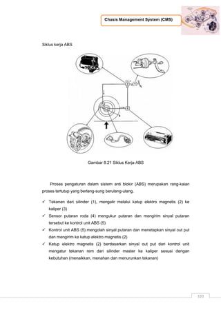 Chasis Management System (CMS)
320
Siklus kerja ABS
Gambar 8.21 Siklus Kerja ABS
Proses pengaturan dalam sistem anti blokir (ABS) merupakan rang-kaian
proses tertutup yang berlang-sung berulang-ulang.
 Tekanan dari silinder (1), mengalir melalui katup elektro magnetis (2) ke
kaliper (3)
 Sensor putaran roda (4) mengukur putaran dan mengirim sinyal putaran
tersebut ke kontrol unit ABS (5)
 Kontrol unit ABS (5) mengolah sinyal putaran dan menetapkan sinyal out put
dan mengirim ke katup elektro magnetis (2)
 Katup elektro magnetis (2) berdasarkan sinyal out put dari kontrol unit
mengatur tekanan rem dari silinder master ke kaliper sesuai dengan
kebutuhan (menaikkan, menahan dan menurunkan tekanan)
 
