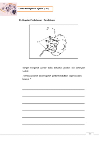 35
Chasis Management System (CMS)
2.3. Kegiatan Pembelajaran : Rem Cakram
Dengan mengamati gambar diatas diskusikan jawaban dari pertanyaan
berikut :
Termasuk jenis rem cakram apakah gambar tersebut dan bagaimana cara
kerjanya ?
_____________________________________________________________
_____________________________________________________________
_____________________________________________________________
_____________________________________________________________
_____________________________________________________________
_____________________________________________________________
 
