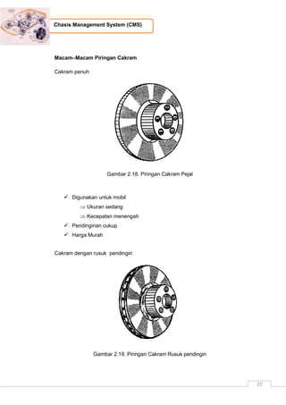 37
Chasis Management System (CMS)
Macam–Macam Piringan Cakram
Cakram penuh
Gambar 2.18. Piringan Cakram Pejal
 Digunakan untuk mobil
 Ukuran sedang
 Kecepatan menengah
 Pendinginan cukup
 Harga Murah
Cakram dengan rusuk pendingin
Gambar 2.19. Piringan Cakram Rusuk pendingin
 