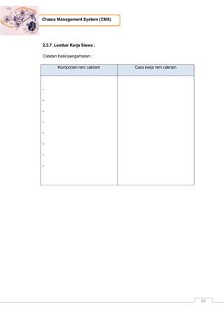 49
Chasis Management System (CMS)
2.3.7. Lembar Kerja Siswa :
Catatan hasil pengamatan :
Komponen rem cakram Cara kerja rem cakram
-
-
-
-
-
-
-
-
 