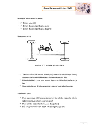 Chasis Management System (CMS)
54
Hubungan Sirkuit Hidraulik Rem :
 Sistem satu sirkit
 Sistem dua sirkit pembagian aksial
 Sistem dua sirkit pembagian diagonal
Sistem satu sirkuit
Gambar 2.32.Hidraulik rem satu sirkuit
 Tekanan cairan dari silinder master yang diteruskan ke masing – masing
silinder roda hanya menggunakan satu saluran semua roda.
 Kalau terjadi kebocoran roda, semua sistem rem hidraulik tidak berfungsi
lagi
 Sistem ini dilarang di beberapa negara karena kurang begitu aman
Sistem Dua Sirkit
 Pada sistem dua sirkit tekanan cairan rem dari silinder master ke silinder
roda melalui dua saluran secara terpisah
 Perlu silinder master tandem ( pada dua piston )
 Bila satu pipa rem bocor, masih ada setengah gaya rem
 