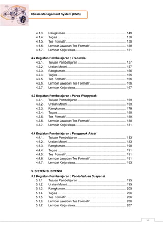 vii
Chasis Management System (CMS)
4.1.3. Rangkuman........................................................................ 149
4.1.4. Tugas................................................................................. 150
4.1.5. Tes Formatif....................................................................... 150
4.1.6. Lembar Jawaban Tes Formatif........................................... 150
4.1.7. Lembar Kerja siswa............................................................ 151
4.2 Kegiatan Pembelajaran : Transmisi
4.2.1. Tujuan Pembelajaran ......................................................... 157
4.2.2. Uraian Materi...................................................................... 157
4.2.3. Rangkuman........................................................................ 165
4.2.4. Tugas................................................................................. 165
4.2.5. Tes Formatif....................................................................... 166
4.2.6. Lembar Jawaban Tes Formatif........................................... 166
4.2.7. Lembar Kerja siswa............................................................ 167
4.3 Kegiatan Pembelajaran : Poros Penggerak
4.3.1. Tujuan Pembelajaran ......................................................... 169
4.3.2. Uraian Materi...................................................................... 169
4.3.3. Rangkuman........................................................................ 179
4.3.4. Tugas................................................................................. 180
4.3.5. Tes Formatif....................................................................... 180
4.3.6. Lembar Jawaban Tes Formatif........................................... 180
4.3.7. Lembar Kerja siswa............................................................ 181
4.4 Kegiatan Pembelajaran : Penggerak Aksel
4.4.1. Tujuan Pembelajaran ......................................................... 183
4.4.2. Uraian Materi...................................................................... 183
4.4.3. Rangkuman........................................................................ 190
4.4.4. Tugas................................................................................. 191
4.4.5. Tes Formatif....................................................................... 191
4.4.6. Lembar Jawaban Tes Formatif........................................... 191
4.4.7. Lembar Kerja siswa............................................................ 193
5. SISTEM SUSPENSI
5.1 Kegiatan Pembelajaran : Pendahuluan Suspensi
5.1.1. Tujuan Pembelajaran ......................................................... 195
5.1.2. Uraian Materi...................................................................... 195
5.1.3. Rangkuman........................................................................ 205
5.1.4. Tugas................................................................................. 206
5.1.5. Tes Formatif....................................................................... 206
5.1.6. Lembar Jawaban Tes Formatif........................................... 206
5.1.7. Lembar Kerja siswa............................................................ 207
 