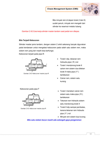 Chasis Management System (CMS)
60
Bila minyak rem di depan torak (I dan II)
sudah penuh, minyak rem mengalir dari
silinder ke reservoir melalui lubang
Gambar 2.42.Cara kerja silinder master tandem saat pedal rem dilepas
Bila Terjadi Kebocoran
Silinder master jenis tandem, dengan sistem 2 sirkit sekarang banyak digunakan
pada kendaraan untuk mengatasi kebocoran pada salah satu sistem rem, maka
sistem rem yang lain masih bisa berfungsi.
Kebocoran terjadi pada pipa R
Kebocoran pada pipa F
 Torak I slip, tekanan rem
hidraulis pipa ( R ) nol
 Torak I mendorong torak II
cairan rem sistem dua ditekan
torak II maka pipa ( F )
bertekanan
 Cairan rem, sistem satu
kurang
 Torak I menekan cairan rem
sistem satu maka pipa ( R )
bertekanan
 Tekanan rem hidraulis sistem
satu mendorong torak II
 Torak II slip sampai pembatas,
karena tekanan rem hidraulis
pipa ( F ) nol
 Minyak rem sistem dua kurang
Bila satu sistem bocor masih ada setengah gaya pengereman
 