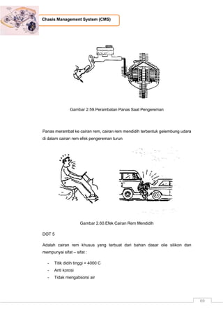 69
Chasis Management System (CMS)
Gambar 2.59.Perambatan Panas Saat Pengereman
Panas merambat ke cairan rem, cairan rem mendidih terbentuk gelembung udara
di dalam cairan rem efek pengereman turun
Gambar 2.60.Efek Cairan Rem Mendidih
DOT 5
Adalah cairan rem khusus yang terbuat dari bahan dasar olie silikon dan
mempunyai sifat – sifat :
- Titik didih tinggi = 4000 C
- Anti korosi
- Tidak mengabsorsi air
 
