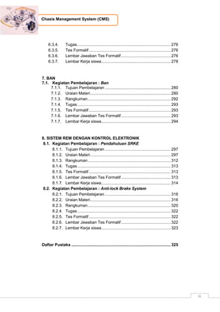 ix
Chasis Management System (CMS)
6.3.4. Tugas................................................................................. 276
6.3.5. Tes Formatif....................................................................... 276
6.3.6. Lembar Jawaban Tes Formatif........................................... 276
6.3.7. Lembar Kerja siswa............................................................ 278
7. BAN
7.1. Kegiatan Pembelajaran : Ban
7.1.1. Tujuan Pembelajaran ......................................................... 280
7.1.2. Uraian Materi...................................................................... 280
7.1.3. Rangkuman........................................................................ 292
7.1.4. Tugas................................................................................. 293
7.1.5. Tes Formatif....................................................................... 293
7.1.6. Lembar Jawaban Tes Formatif........................................... 293
7.1.7. Lembar Kerja siswa............................................................ 294
8. SISTEM REM DENGAN KONTROL ELEKTRONIK
8.1. Kegiatan Pembelajaran : Pendahuluan SRKE
8.1.1. Tujuan Pembelajaran ......................................................... 297
8.1.2. Uraian Materi...................................................................... 297
8.1.3. Rangkuman........................................................................ 312
8.1.4. Tugas................................................................................. 313
8.1.5. Tes Formatif....................................................................... 313
8.1.6. Lembar Jawaban Tes Formatif........................................... 313
8.1.7. Lembar Kerja siswa............................................................ 314
8.2. Kegiatan Pembelajaran : Anti-lock Brake System
8.2.1. Tujuan Pembelajaran ......................................................... 316
8.2.2. Uraian Materi...................................................................... 316
8.2.3. Rangkuman........................................................................ 320
8.2.4. Tugas................................................................................. 322
8.2.5. Tes Formatif....................................................................... 322
8.2.6. Lembar Jawaban Tes Formatif........................................... 322
8.2.7. Lembar Kerja siswa............................................................ 323
Daftar Pustaka ...................................................................................... 325
 