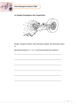 81
Chasis Management System (CMS)
2.5. Kegiatan Pembelajaran :Rem Tangan/Parkir
Dengan mengamati Gambar diatas diskusikan jawaban dari pertanyaan berikut
ini :
Apa fungsi komponen no. 1, 2, 3, 4, dan5 secara keseluruhan jelaskan ?
_____________________________________________________________
_____________________________________________________________
_____________________________________________________________
_____________________________________________________________
_____________________________________________________________
_____________________________________________________________
 
