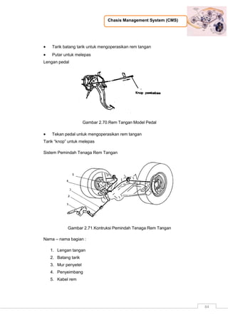 Chasis Management System (CMS)
84
 Tarik batang tarik untuk mengoperasikan rem tangan
 Putar untuk melepas
Lengan pedal
Gambar 2.70.Rem Tangan Model Pedal
 Tekan pedal untuk mengoperasikan rem tangan
Tarik “knop” untuk melepas
Sistem Pemindah Tenaga Rem Tangan
Gambar 2.71.Kontruksi Pemindah Tenaga Rem Tangan
Nama – nama bagian :
1. Lengan tangan
2. Batang tarik
3. Mur penyetel
4. Penyeimbang
5. Kabel rem
 