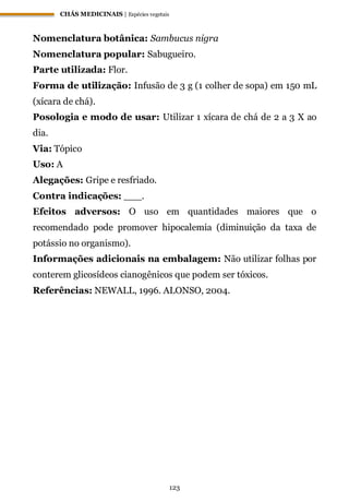 CHÁS MEDICINAIS | Espécies vegetais
123
Nomenclatura botânica: Sambucus nigra
Nomenclatura popular: Sabugueiro.
Parte utilizada: Flor.
Forma de utilização: Infusão de 3 g (1 colher de sopa) em 150 mL
(xícara de chá).
Posologia e modo de usar: Utilizar 1 xícara de chá de 2 a 3 X ao
dia.
Via: Tópico
Uso: A
Alegações: Gripe e resfriado.
Contra indicações: ___.
Efeitos adversos: O uso em quantidades maiores que o
recomendado pode promover hipocalemia (diminuição da taxa de
potássio no organismo).
Informações adicionais na embalagem: Não utilizar folhas por
conterem glicosídeos cianogênicos que podem ser tóxicos.
Referências: NEWALL, 1996. ALONSO, 2004.
 