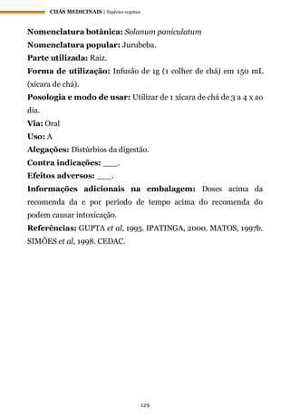 CHÁS MEDICINAIS | Espécies vegetais
129
Nomenclatura botânica: Solanum paniculatum
Nomenclatura popular: Jurubeba.
Parte utilizada: Raiz.
Forma de utilização: Infusão de 1g (1 colher de chá) em 150 mL
(xícara de chá).
Posologia e modo de usar: Utilizar de 1 xícara de chá de 3 a 4 x ao
dia.
Via: Oral
Uso: A
Alegações: Distúrbios da digestão.
Contra indicações: ___.
Efeitos adversos: ___.
Informações adicionais na embalagem: Doses acima da
recomenda da e por período de tempo acima do recomenda do
podem causar intoxicação.
Referências: GUPTA et al, 1995. IPATINGA, 2000. MATOS, 1997b.
SIMÕES et al, 1998. CEDAC.
 
