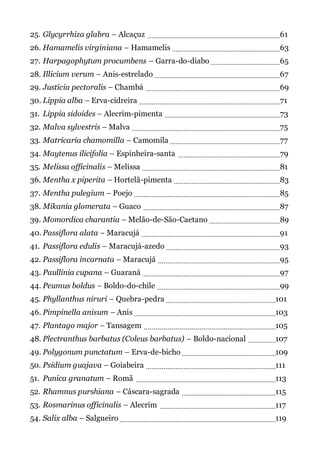 25. Glycyrrhiza glabra – Alcaçuz 61
26. Hamamelis virginiana – Hamamelis 63
27. Harpagophytum procumbens – Garra-do-diabo 65
28. Illicium verum – Anis-estrelado 67
29. Justicia pectoralis – Chambá 69
30. Lippia alba – Erva-cidreira 71
31. Lippia sidoides – Alecrim-pimenta 73
32. Malva sylvestris – Malva 75
33. Matricaria chamomilla – Camomila 77
34. Maytenus ilicifolia – Espinheira-santa 79
35. Melissa officinalis – Melissa 81
36. Mentha x piperita – Hortelã-pimenta 83
37. Mentha pulegium – Poejo 85
38. Mikania glomerata – Guaco 87
39. Momordica charantia – Melão-de-São-Caetano 89
40. Passiflora alata – Maracujá 91
41. Passiflora edulis – Maracujá-azedo 93
42. Passiflora incarnata – Maracujá 95
43. Paullinia cupana – Guaraná 97
44. Peumus boldus – Boldo-do-chile 99
45. Phyllanthus niruri – Quebra-pedra 101
46. Pimpinella anisum – Anis 103
47. Plantago major – Tansagem 105
48. Plectranthus barbatus (Coleus barbatus) – Boldo-nacional 107
49. Polygonum punctatum – Erva-de-bicho 109
50. Psidium guajava – Goiabeira 111
51. Punica granatum – Romã 113
52. Rhamnus purshiana – Cáscara-sagrada 115
53. Rosmarinus officinalis – Alecrim 117
54. Salix alba – Salgueiro 119
 