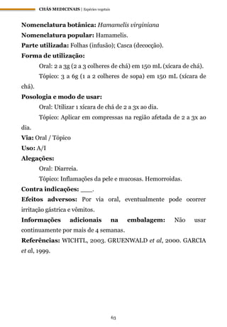 CHÁS MEDICINAIS | Espécies vegetais
63
Nomenclatura botânica: Hamamelis virginiana
Nomenclatura popular: Hamamelis.
Parte utilizada: Folhas (infusão); Casca (decocção).
Forma de utilização:
Oral: 2 a 3g (2 a 3 colheres de chá) em 150 mL (xícara de chá).
Tópico: 3 a 6g (1 a 2 colheres de sopa) em 150 mL (xícara de
chá).
Posologia e modo de usar:
Oral: Utilizar 1 xícara de chá de 2 a 3x ao dia.
Tópico: Aplicar em compressas na região afetada de 2 a 3x ao
dia.
Via: Oral / Tópico
Uso: A/I
Alegações:
Oral: Diarreia.
Tópico: Inflamações da pele e mucosas. Hemorroidas.
Contra indicações: ___.
Efeitos adversos: Por via oral, eventualmente pode ocorrer
irritação gástrica e vômitos.
Informações adicionais na embalagem: Não usar
continuamente por mais de 4 semanas.
Referências: WICHTL, 2003. GRUENWALD et al, 2000. GARCIA
et al, 1999.
 